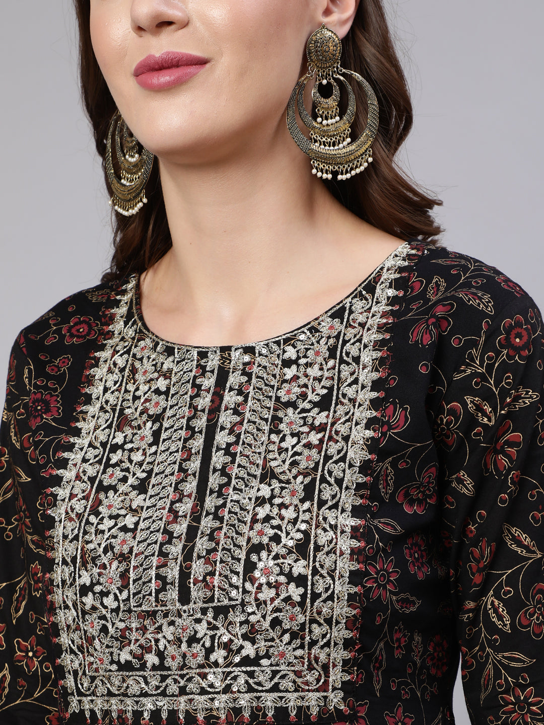 Women's Black Embroidered Flared Kurta With Trouser And Dupatta