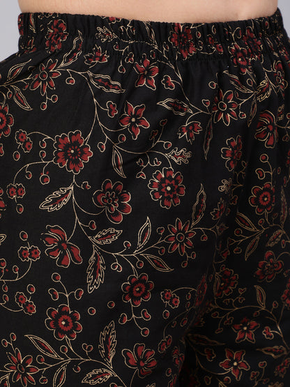 Women's Black Embroidered Flared Kurta With Trouser And Dupatta