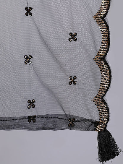 Women's Black Embroidered Flared Kurta With Trouser And Dupatta