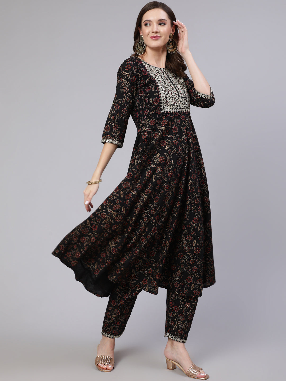 Women's Black Embroidered Flared Kurta With Trouser And Dupatta