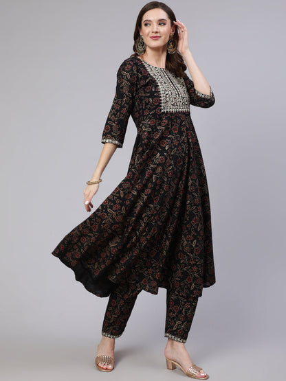 Women's Black Embroidered Flared Kurta With Trouser And Dupatta