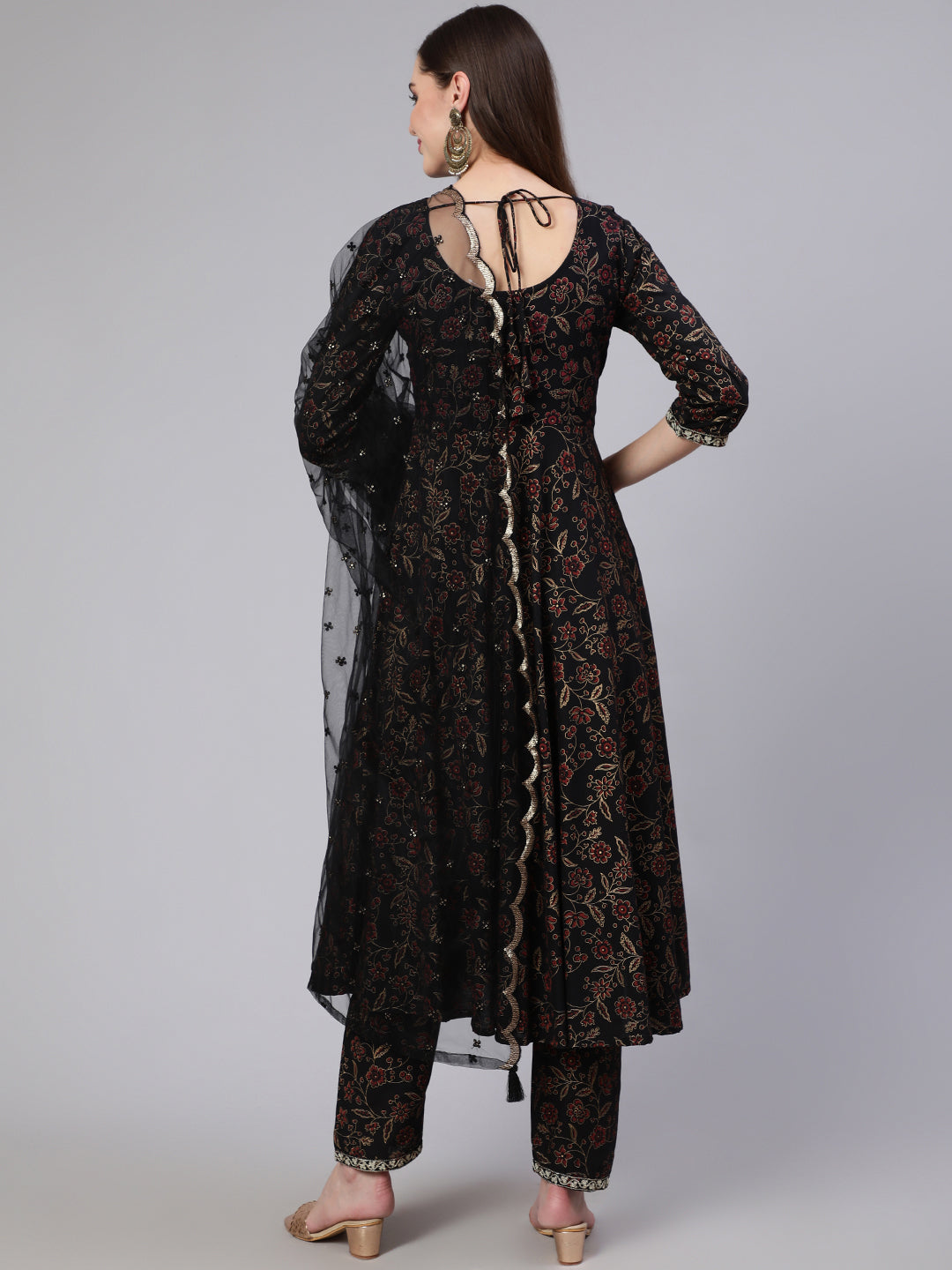 Women's Black Embroidered Flared Kurta With Trouser And Dupatta
