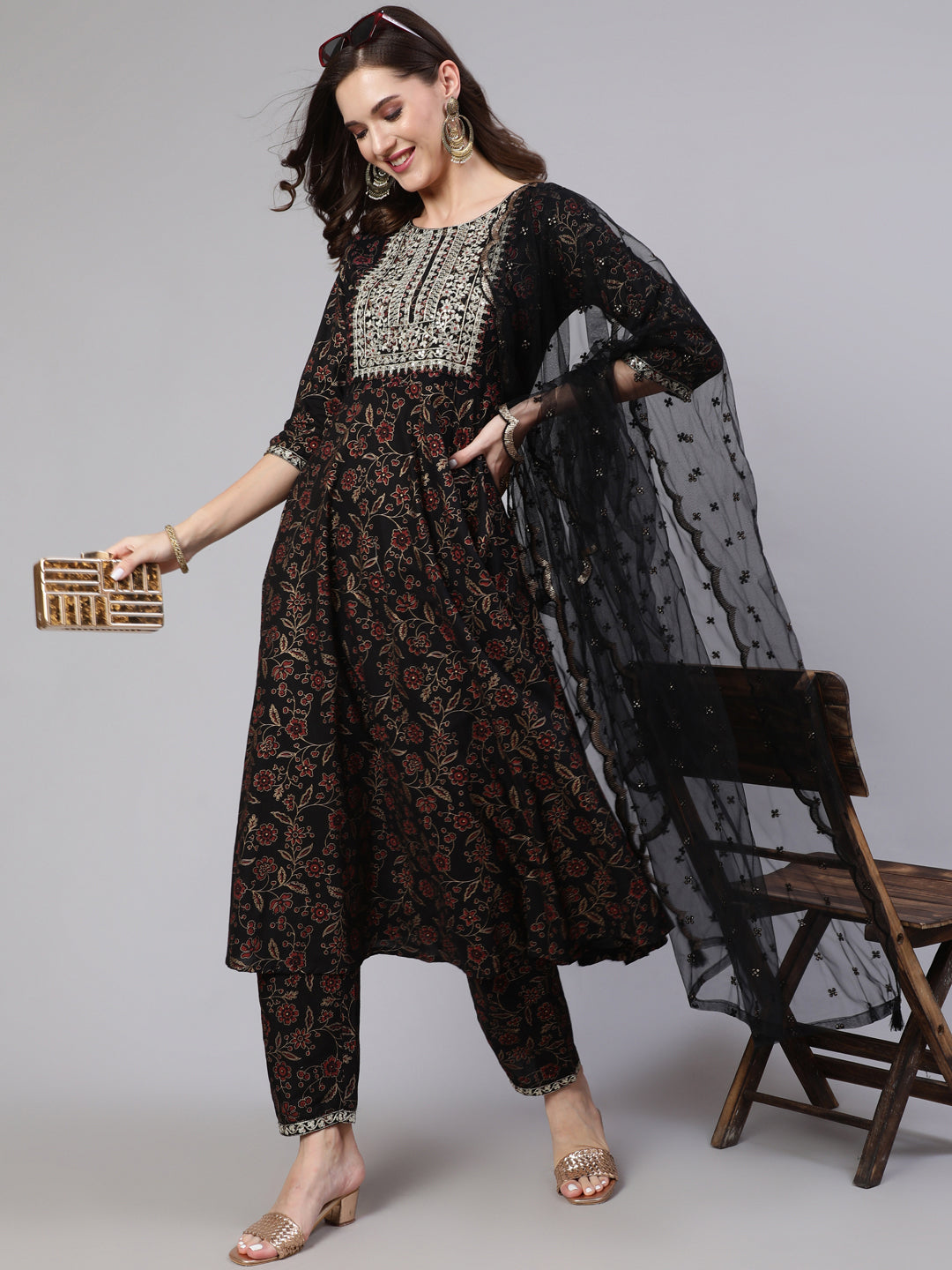 Women's Black Embroidered Flared Kurta With Trouser And Dupatta