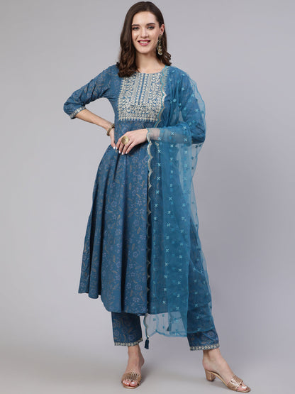 Women's Blue Embroidered Flared Kurta With Trouser And Dupatta