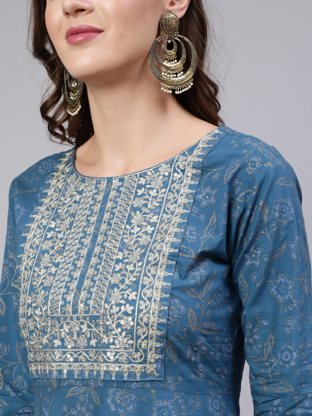 Women's Blue Embroidered Flared Kurta With Trouser And Dupatta