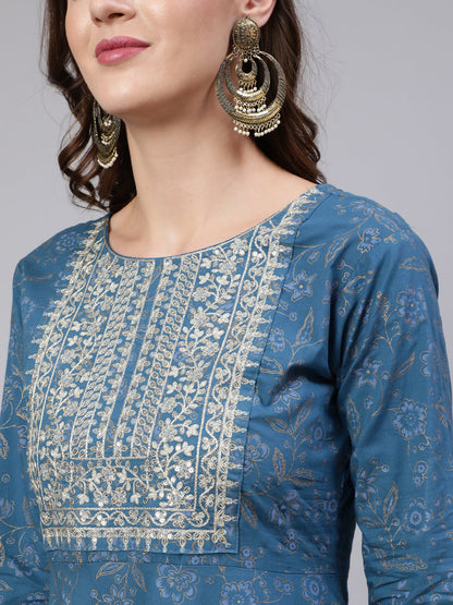 Women's Blue Embroidered Flared Kurta With Trouser And Dupatta