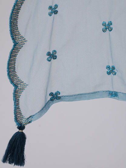 Women's Blue Embroidered Flared Kurta With Trouser And Dupatta