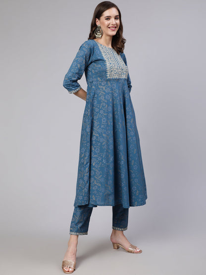 Women's Blue Embroidered Flared Kurta With Trouser And Dupatta