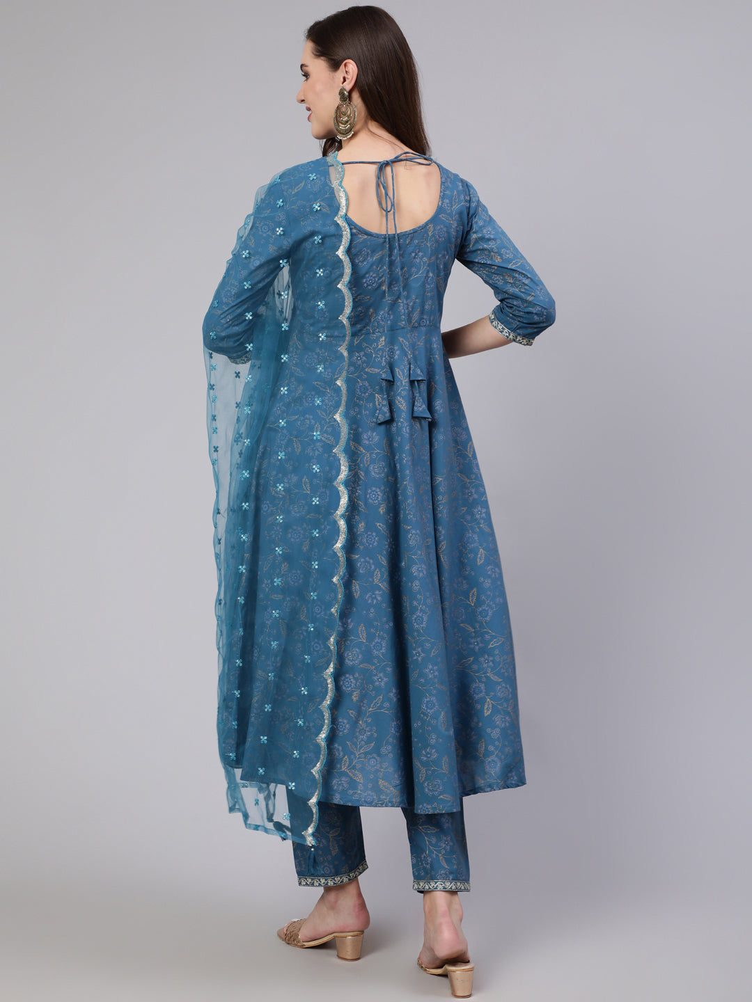 Women's Blue Embroidered Flared Kurta With Trouser And Dupatta