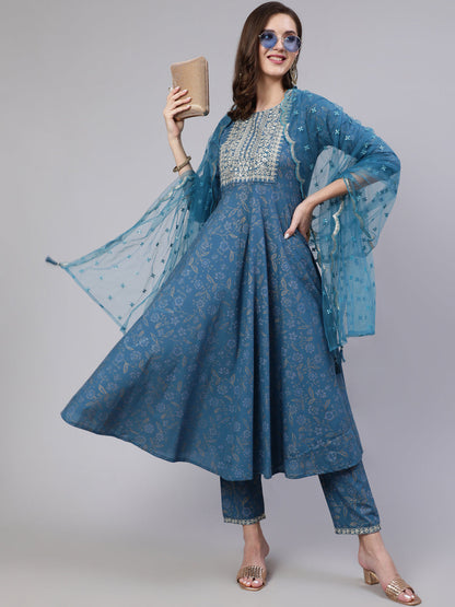 Women's Blue Embroidered Flared Kurta With Trouser And Dupatta