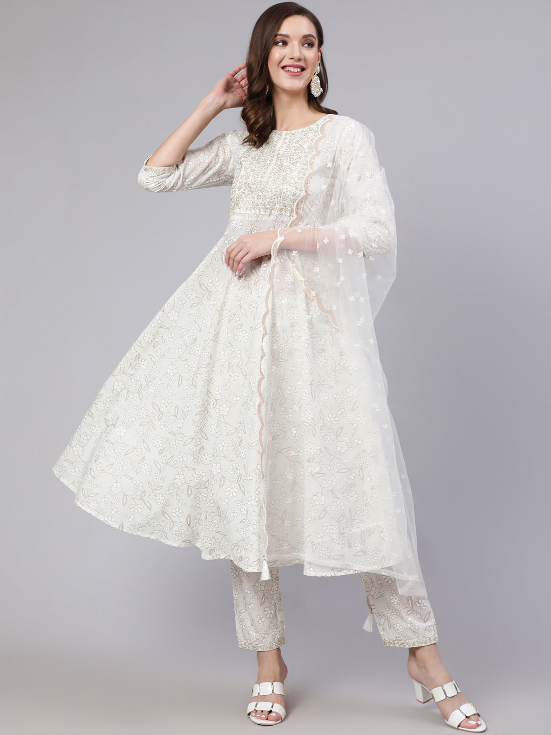 Women's White Embroidered Flared Kurta With Trouser And Dupatta