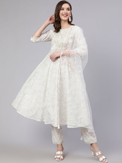 Women's White Embroidered Flared Kurta With Trouser And Dupatta