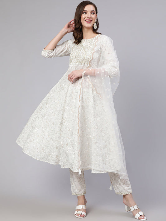 Women's White Embroidered Flared Kurta With Trouser And Dupatta