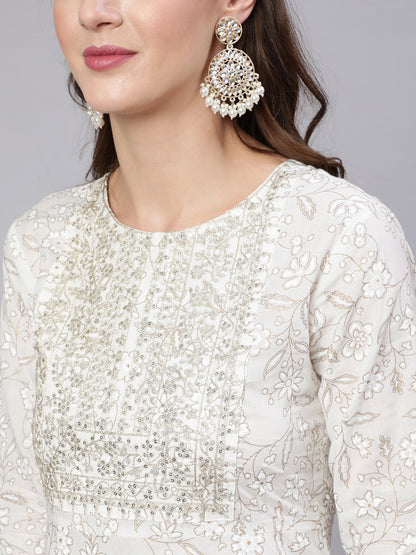 Women's White Embroidered Flared Kurta With Trouser And Dupatta