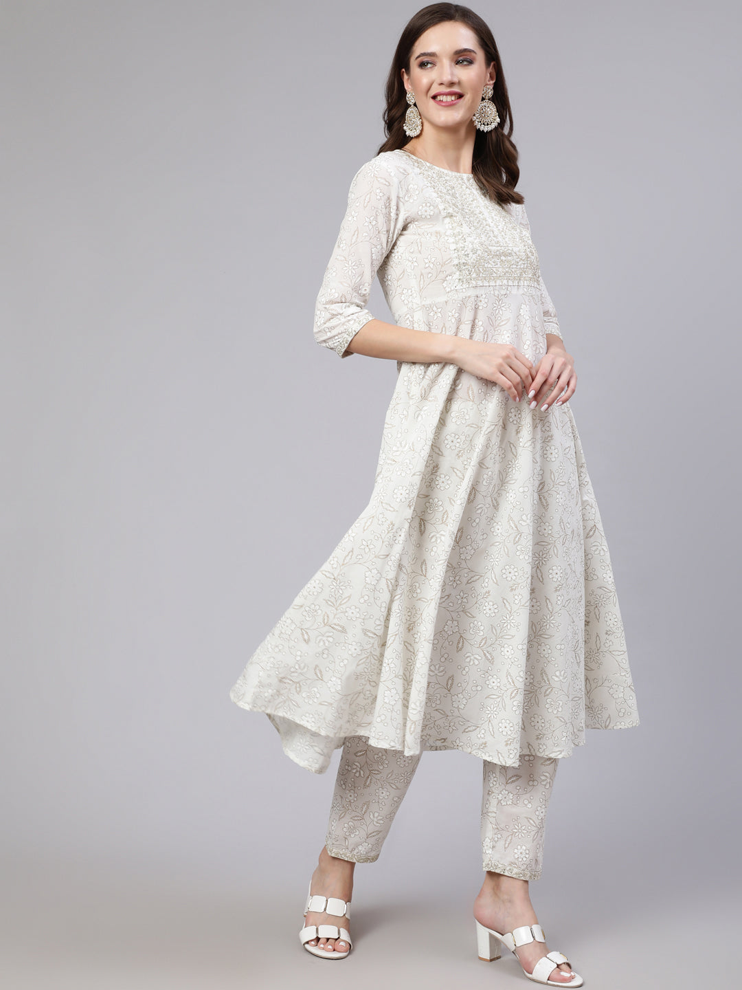 Women's White Embroidered Flared Kurta With Trouser And Dupatta