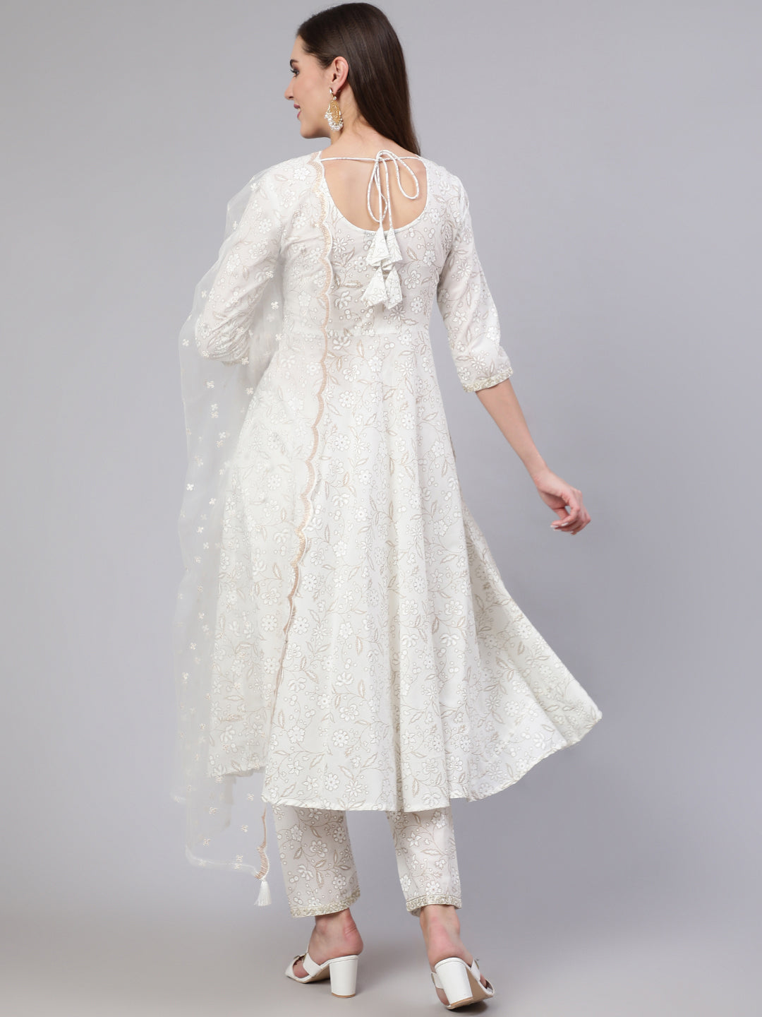 Women's White Embroidered Flared Kurta With Trouser And Dupatta