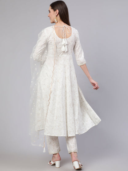 Women's White Embroidered Flared Kurta With Trouser And Dupatta