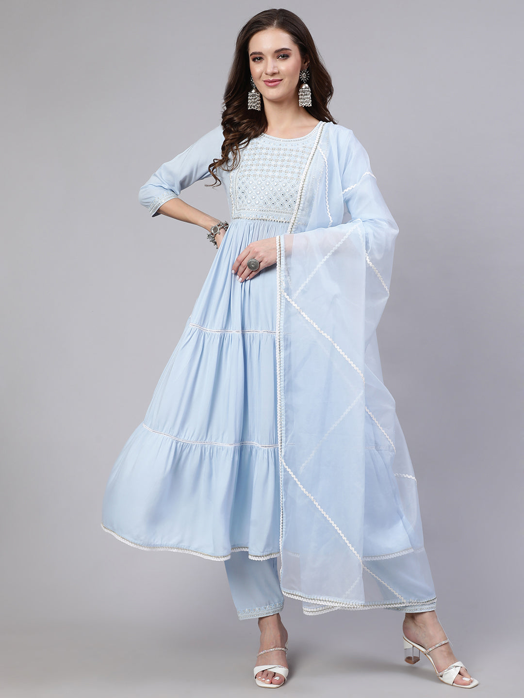 Women's Blue Embroidered Flared Kurta With Trouser And Dupatta