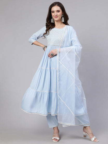 Women's Blue Embroidered Flared Kurta With Trouser And Dupatta