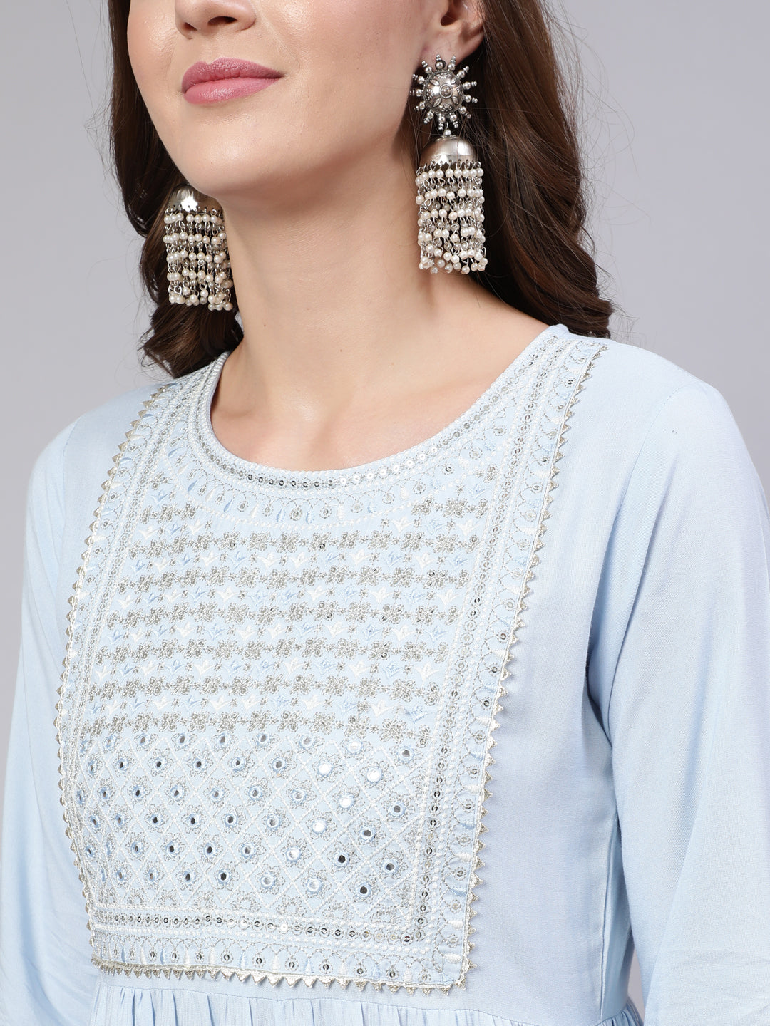 Women's Blue Embroidered Flared Kurta With Trouser And Dupatta