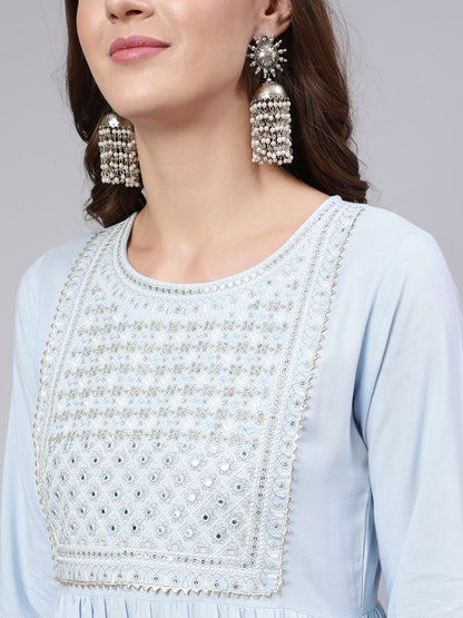 Women's Blue Embroidered Flared Kurta With Trouser And Dupatta