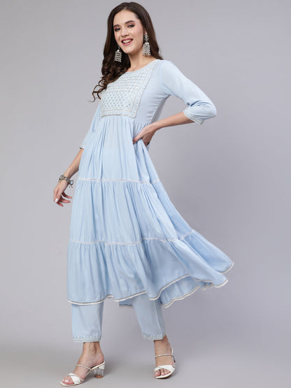 Women's Blue Embroidered Flared Kurta With Trouser And Dupatta