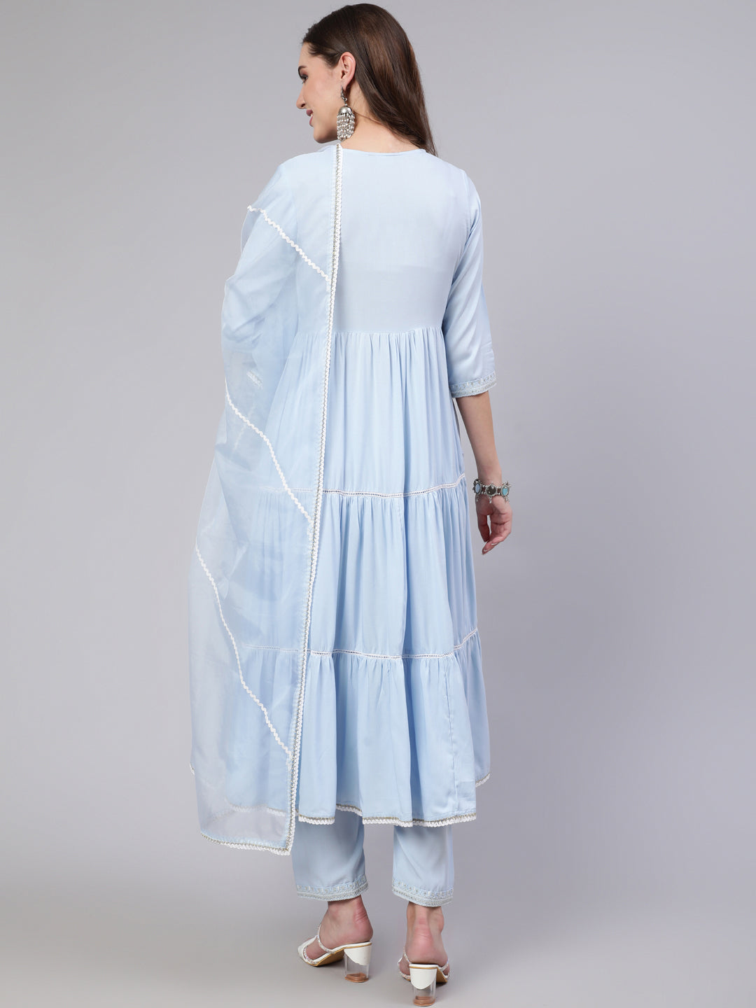 Women's Blue Embroidered Flared Kurta With Trouser And Dupatta
