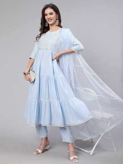 Women's Blue Embroidered Flared Kurta With Trouser And Dupatta