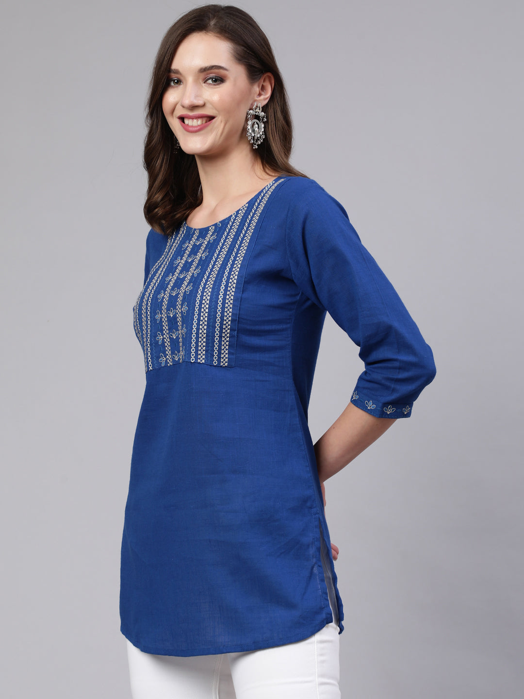 Women's Blue Embroidered Straight Tunic