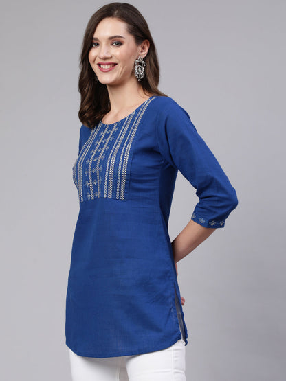 Women's Blue Embroidered Straight Tunic