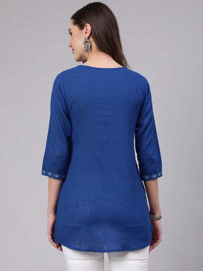 Women's Blue Embroidered Straight Tunic