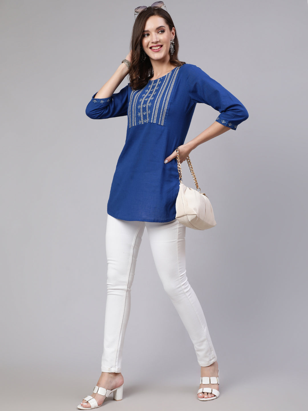 Women's Blue Embroidered Straight Tunic