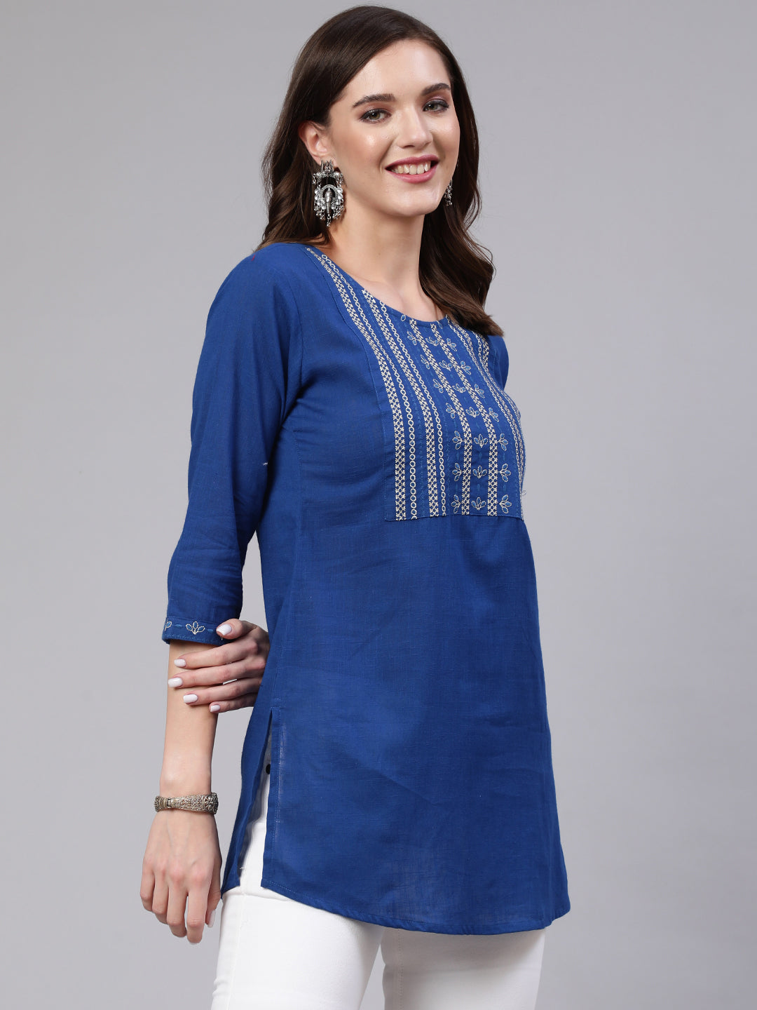 Women's Blue Embroidered Straight Tunic