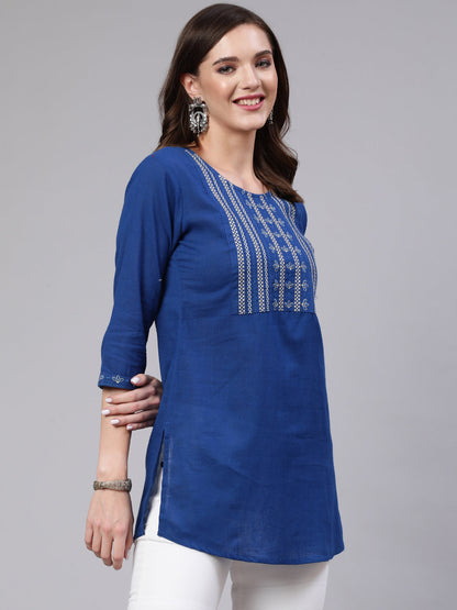 Women's Blue Embroidered Straight Tunic