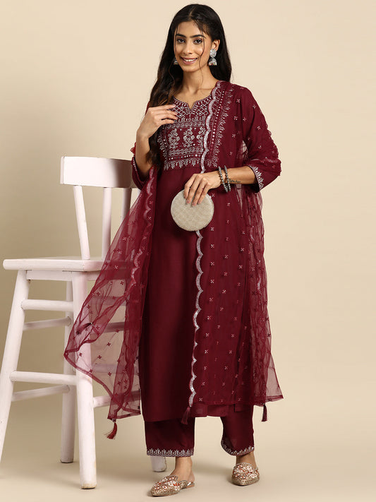 Women's Maroon Embroidered Straight Kurta With Palazzo And Net Dupatta