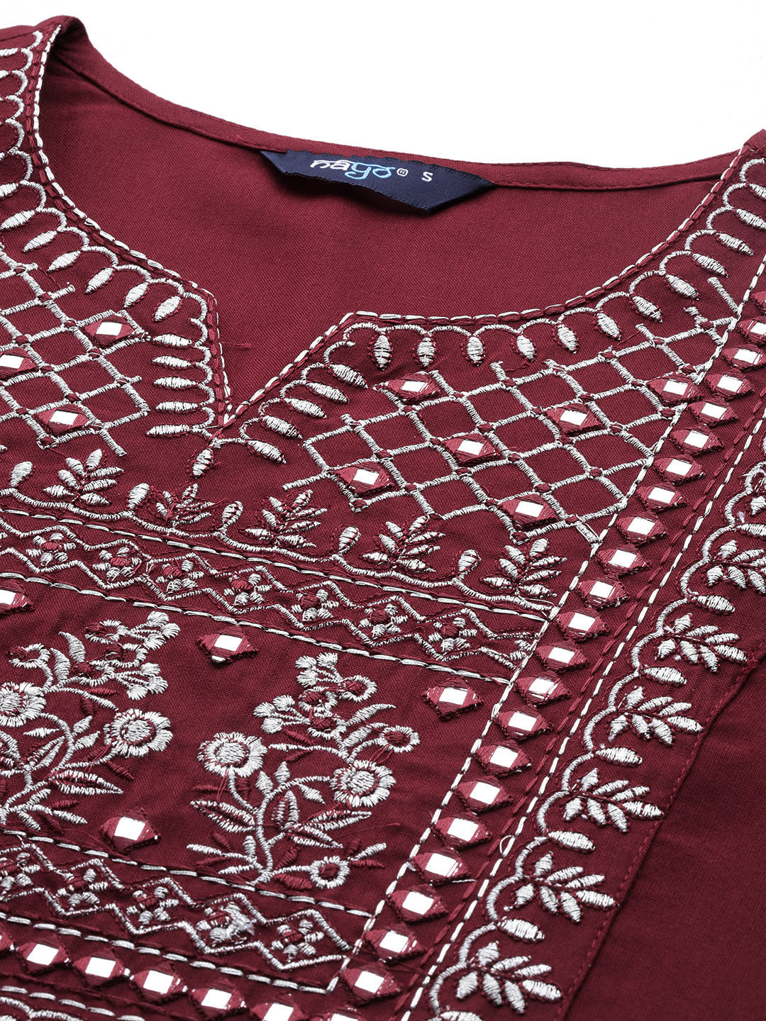 Women's Maroon Embroidered Straight Kurta With Palazzo And Net Dupatta