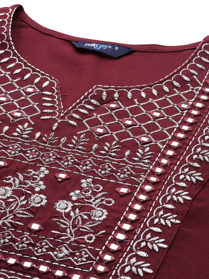 Women's Maroon Embroidered Straight Kurta With Palazzo And Net Dupatta