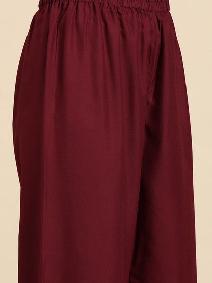 Women's Maroon Embroidered Straight Kurta With Palazzo And Net Dupatta