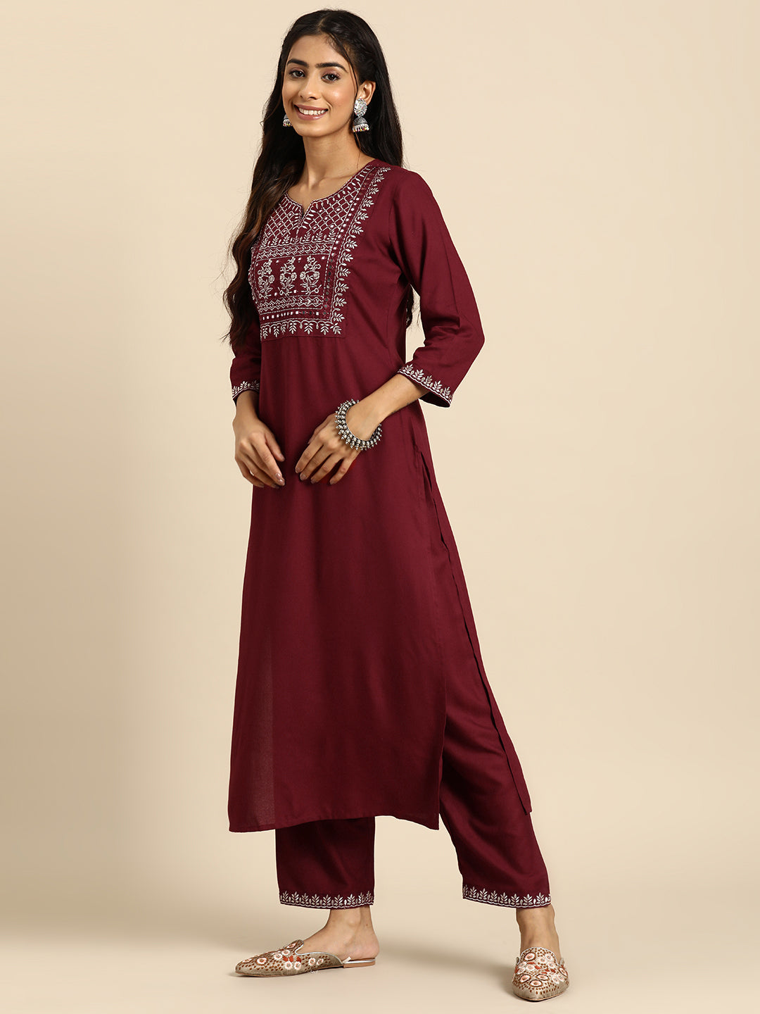 Women's Maroon Embroidered Straight Kurta With Palazzo And Net Dupatta