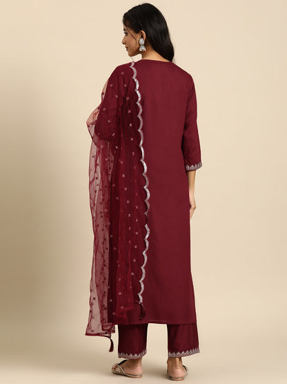 Women's Maroon Embroidered Straight Kurta With Palazzo And Net Dupatta