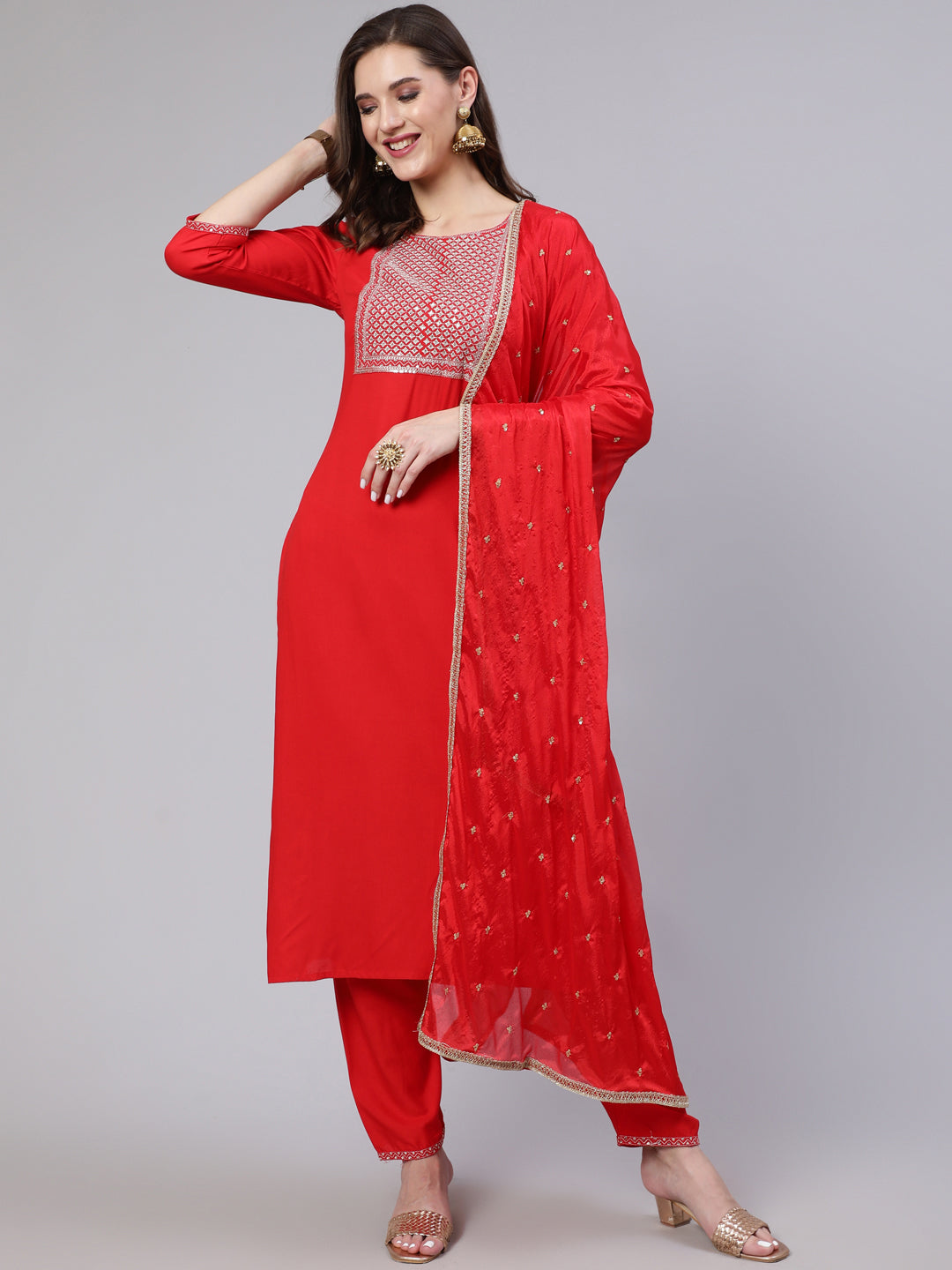 Women's Red Embroidered Straight Kurta With Trouser And Net Dupatta