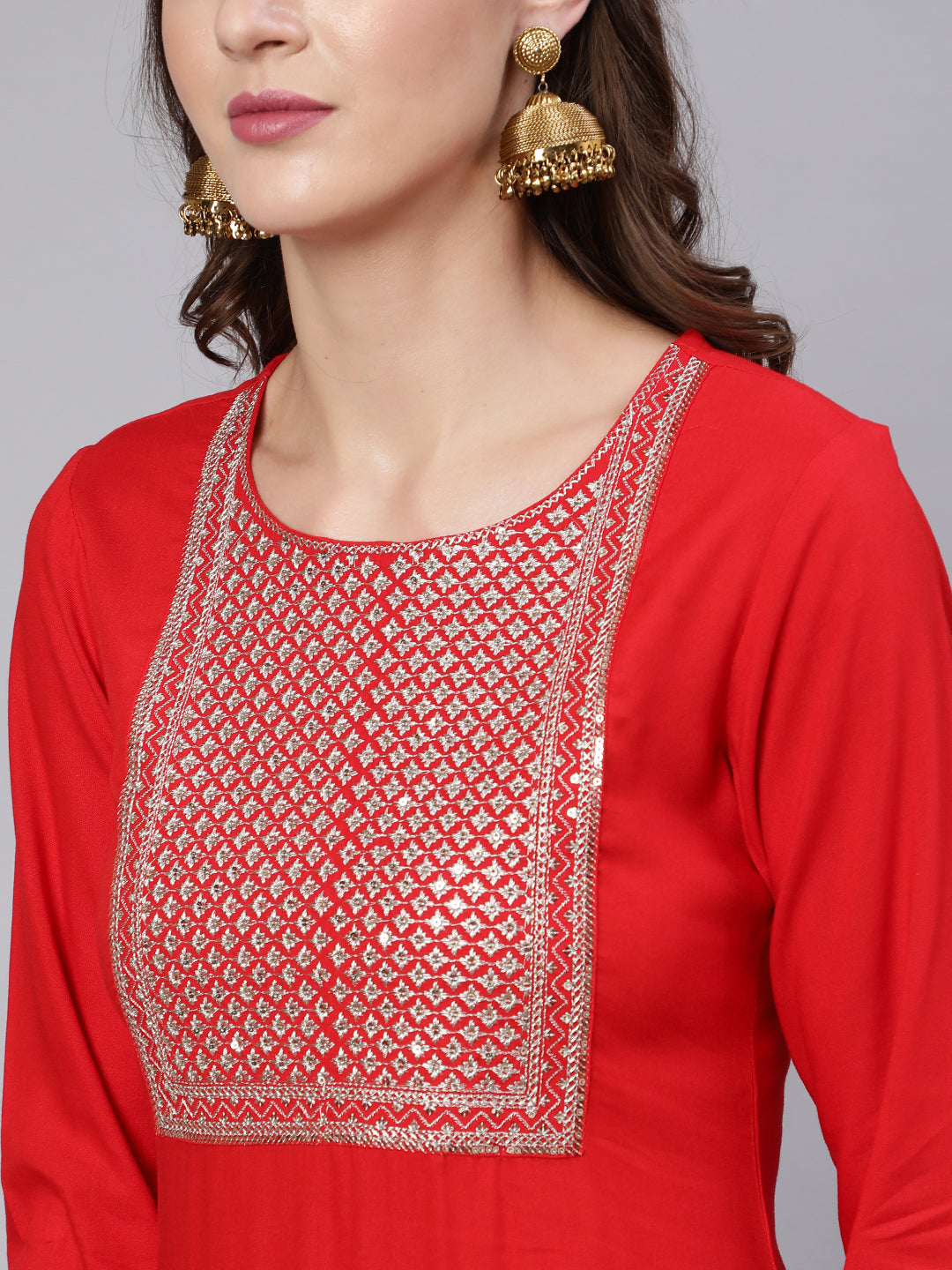 Women's Red Embroidered Straight Kurta With Trouser And Net Dupatta