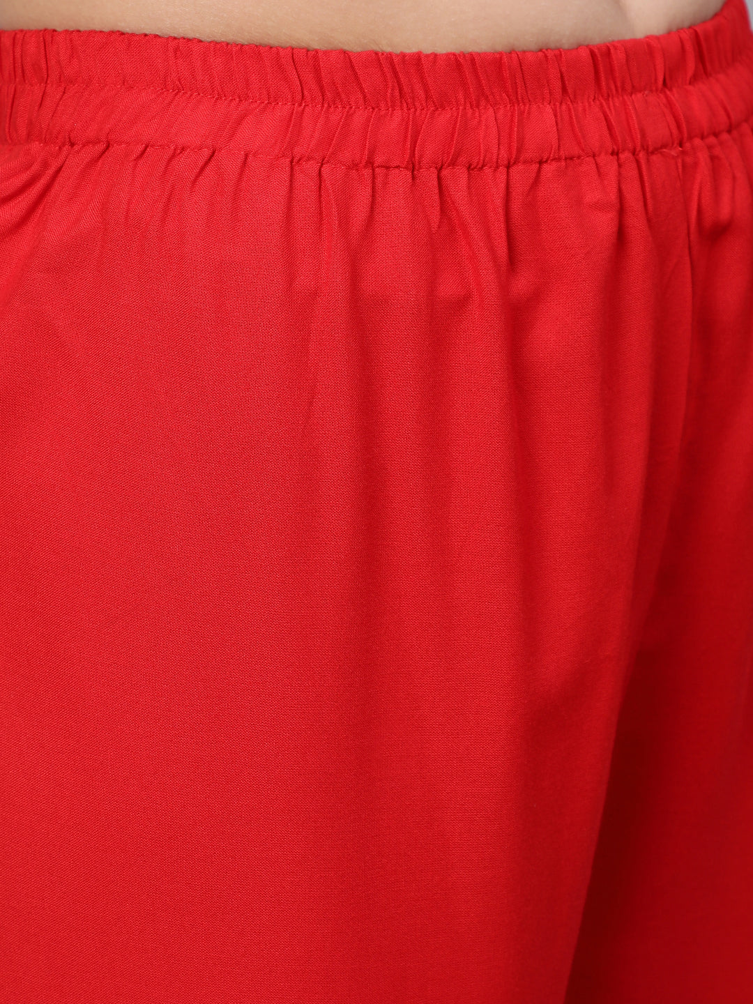 Women's Red Embroidered Straight Kurta With Trouser And Net Dupatta