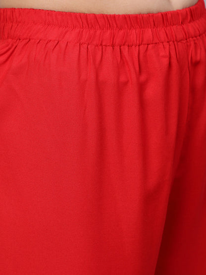 Women's Red Embroidered Straight Kurta With Trouser And Net Dupatta
