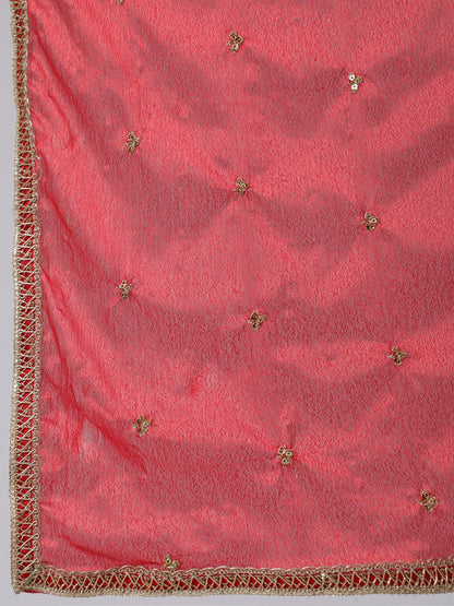 Women's Red Embroidered Straight Kurta With Trouser And Net Dupatta