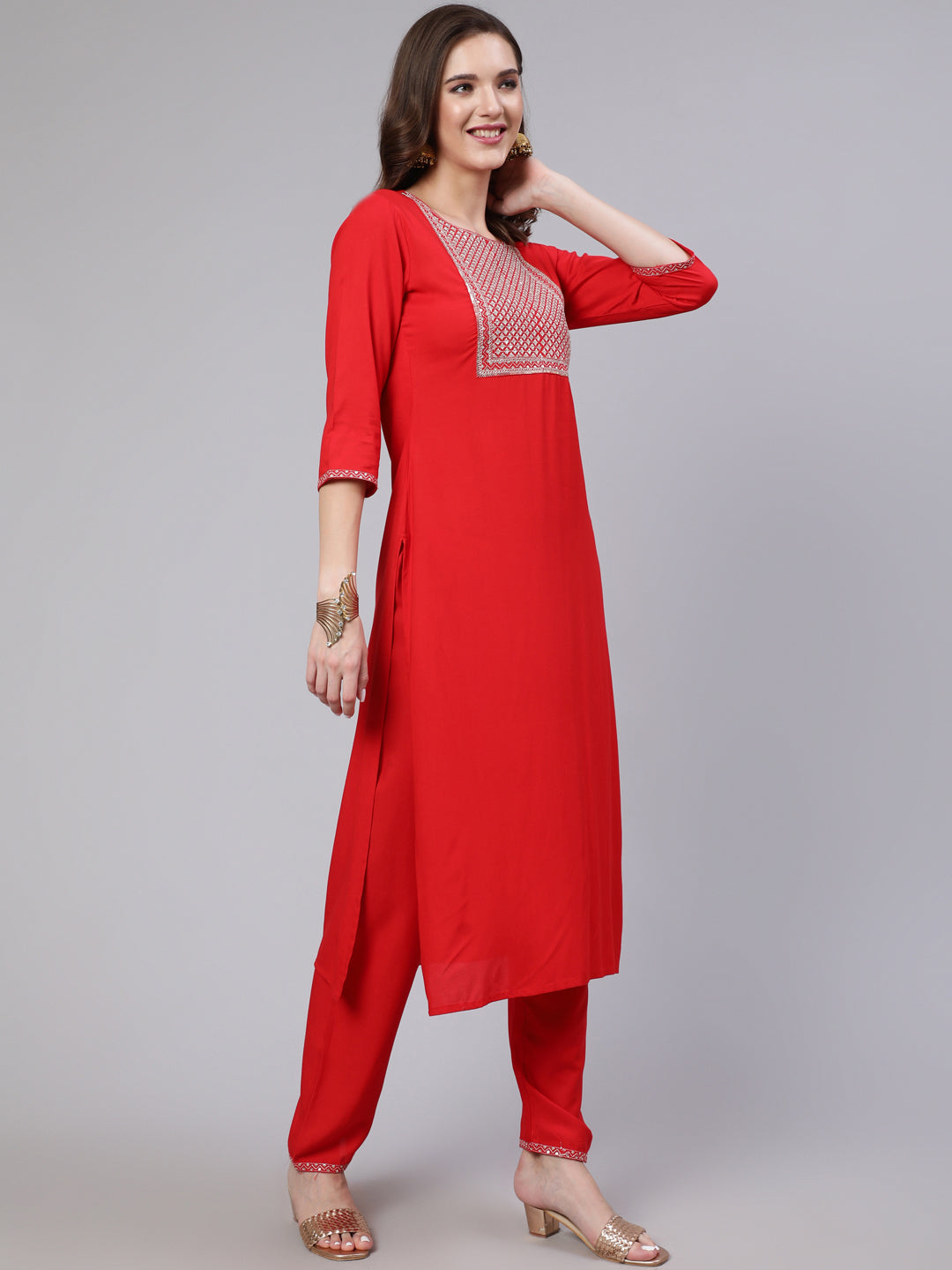 Women's Red Embroidered Straight Kurta With Trouser And Net Dupatta