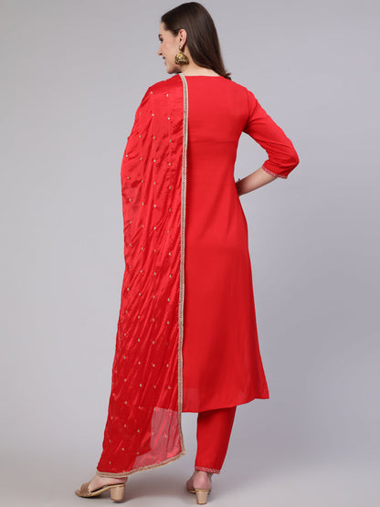Women's Red Embroidered Straight Kurta With Trouser And Net Dupatta