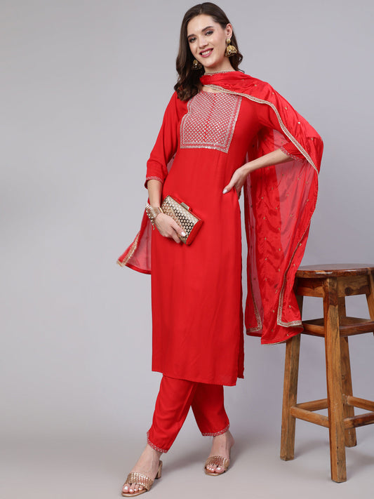 Women's Red Embroidered Straight Kurta With Trouser And Net Dupatta