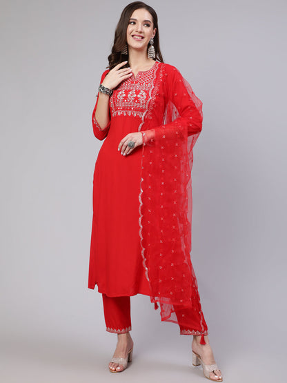 Women's Red Embroidered Straight Kurta With Trouser And Net Dupatta