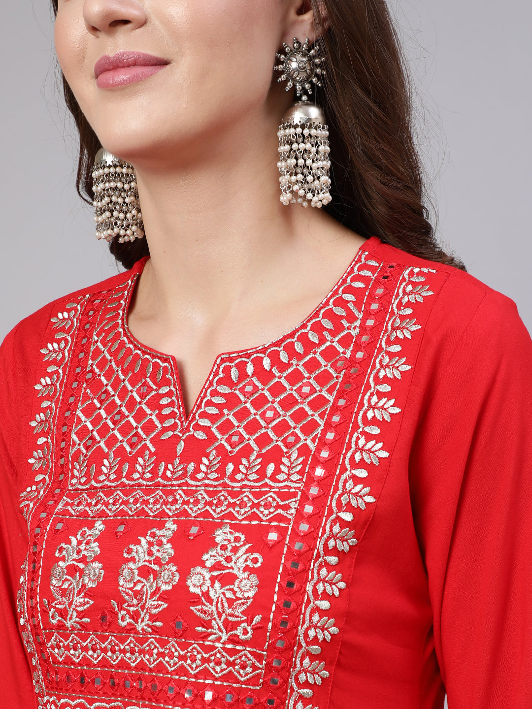 Women's Red Embroidered Straight Kurta With Trouser And Net Dupatta